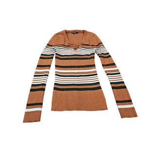 y2k Ribbed Sweater Lace Up Tie Vintage Brown White Black Striped Size XL Deep V